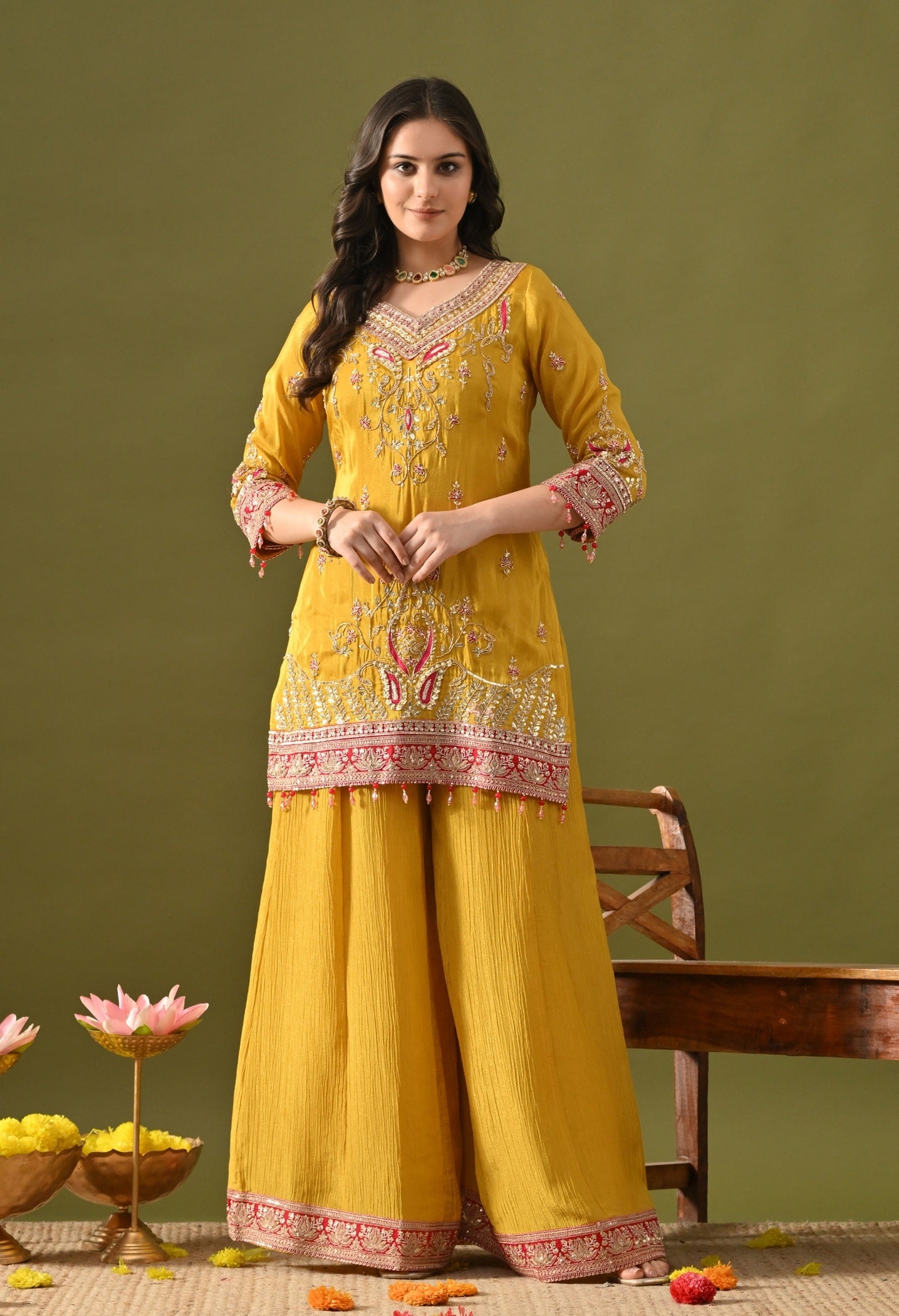 Yellow Sharara Set with Sequin, Pearl, Thread & Zardozi Work.