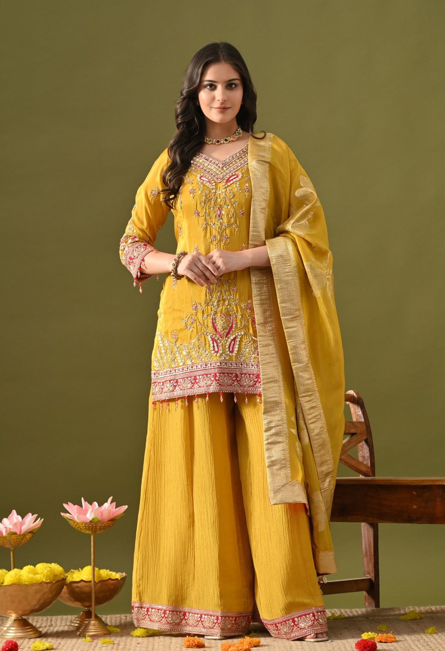 Yellow Sharara Set with Sequin, Pearl, Thread & Zardozi Work.