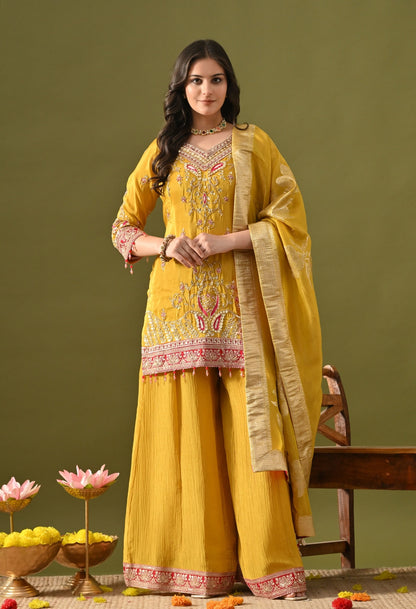 Yellow Sharara Set with Sequin, Pearl, Thread & Zardozi Work.