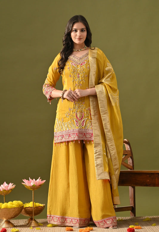 Yellow Sharara Set with Sequin, Pearl, Thread & Zardozi Work.