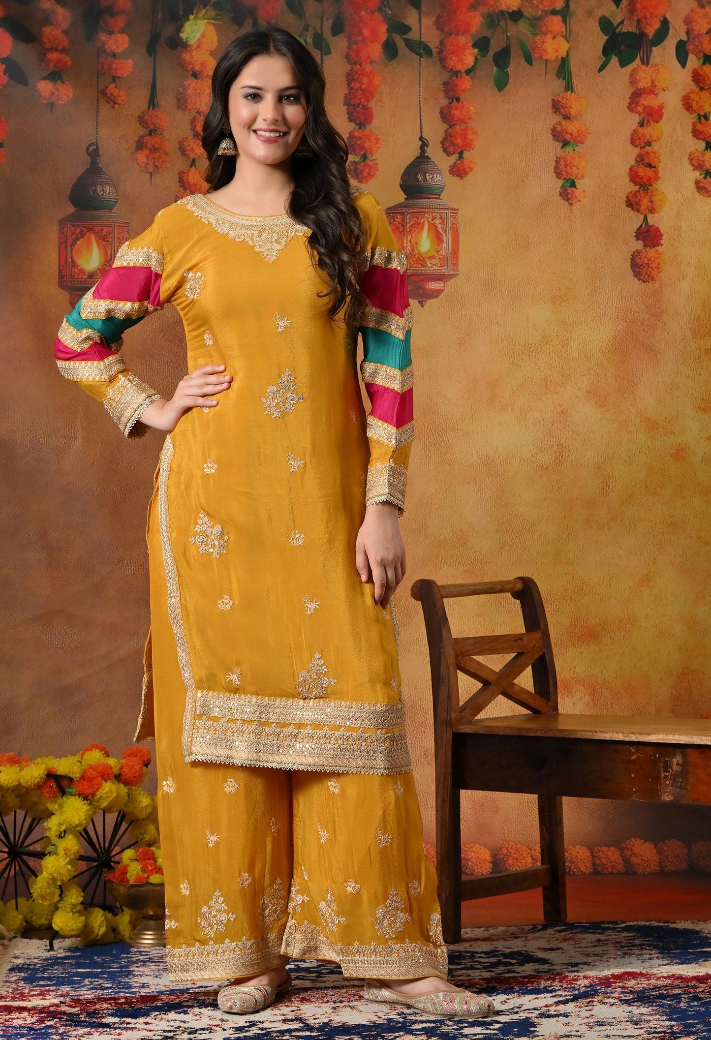 Mustard Yellow Kurta Set with Beautiful Thread and Zari Work