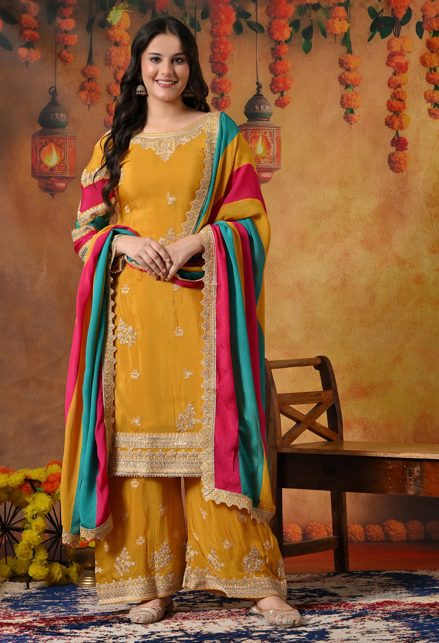 Mustard Yellow Kurta Set with Beautiful Thread and Zari Work