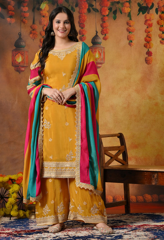 Mustard Yellow Kurta Set with Beautiful Thread and Zari Work
