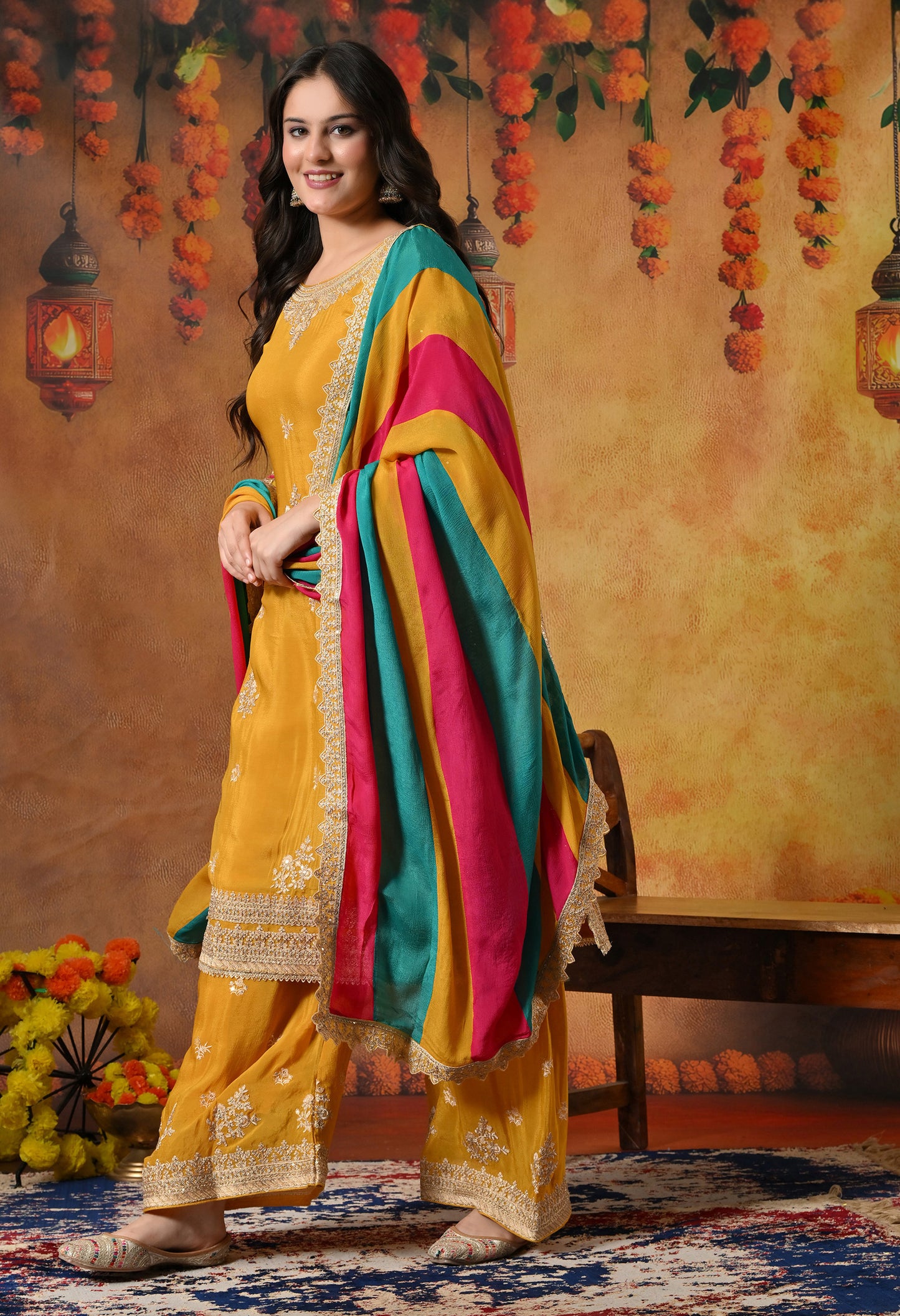 Mustard Yellow Kurta Set with Beautiful Thread and Zari Work
