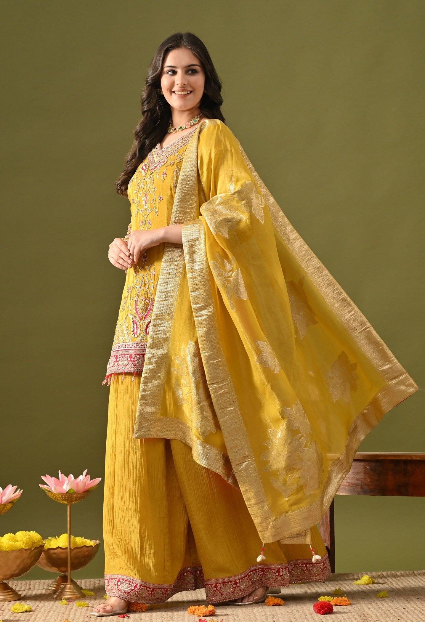 Yellow Sharara Set with Sequin, Pearl, Thread & Zardozi Work.