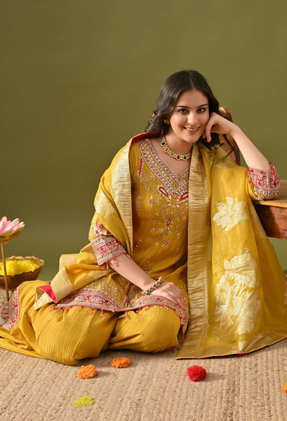 Yellow Sharara Set with Sequin, Pearl, Thread & Zardozi Work.