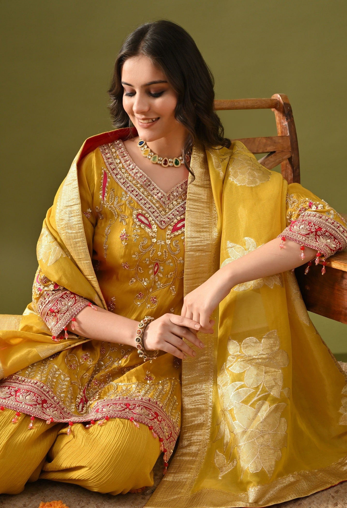 Yellow Sharara Set with Sequin, Pearl, Thread & Zardozi Work.