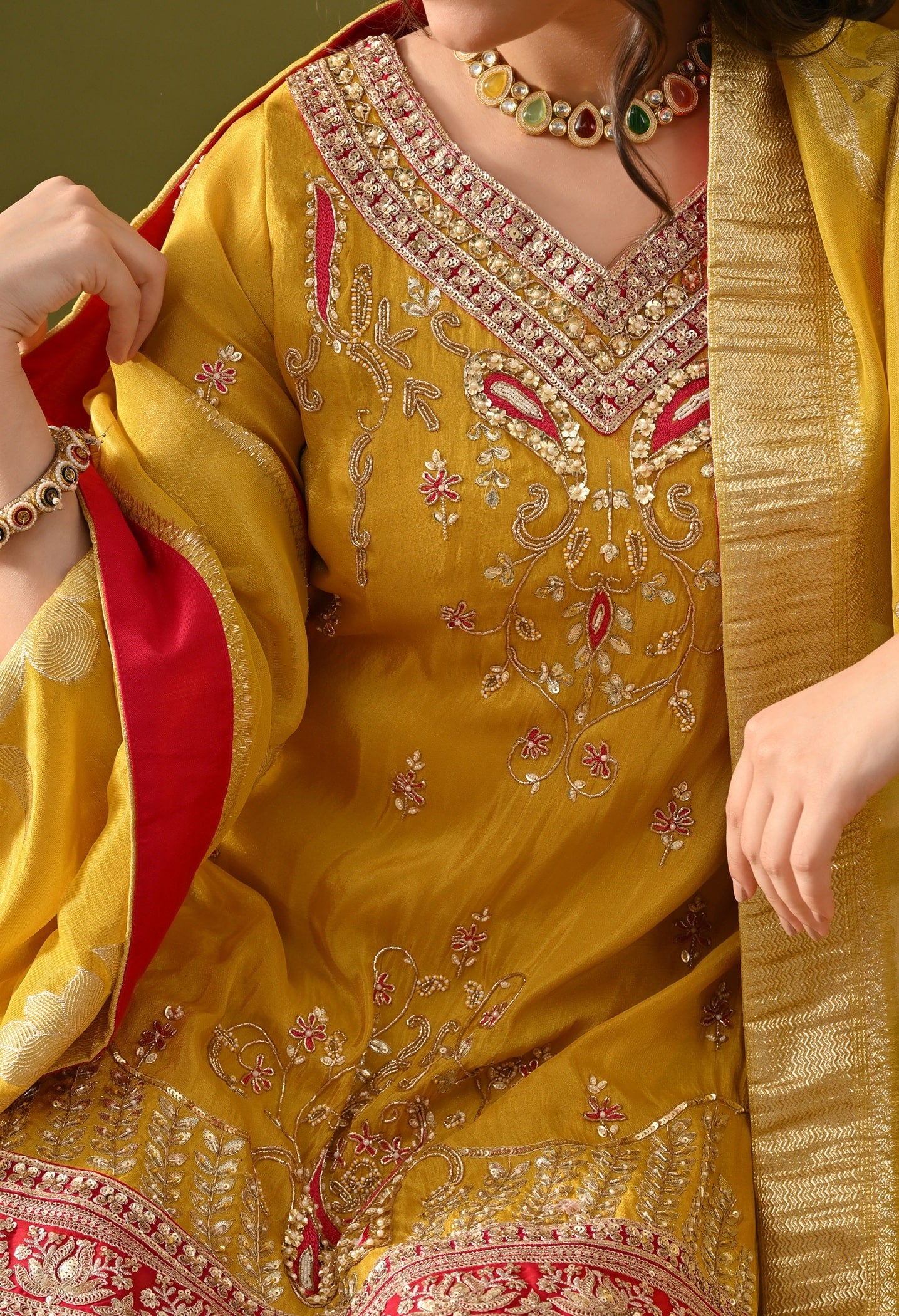 Yellow Sharara Set with Sequin, Pearl, Thread & Zardozi Work.
