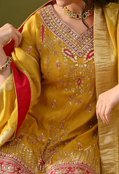 Yellow Sharara Set with Sequin, Pearl, Thread & Zardozi Work.
