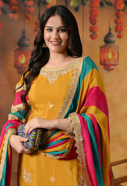 Mustard Yellow Kurta Set with Beautiful Thread and Zari Work