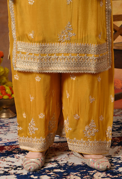 Mustard Yellow Kurta Set with Beautiful Thread and Zari Work