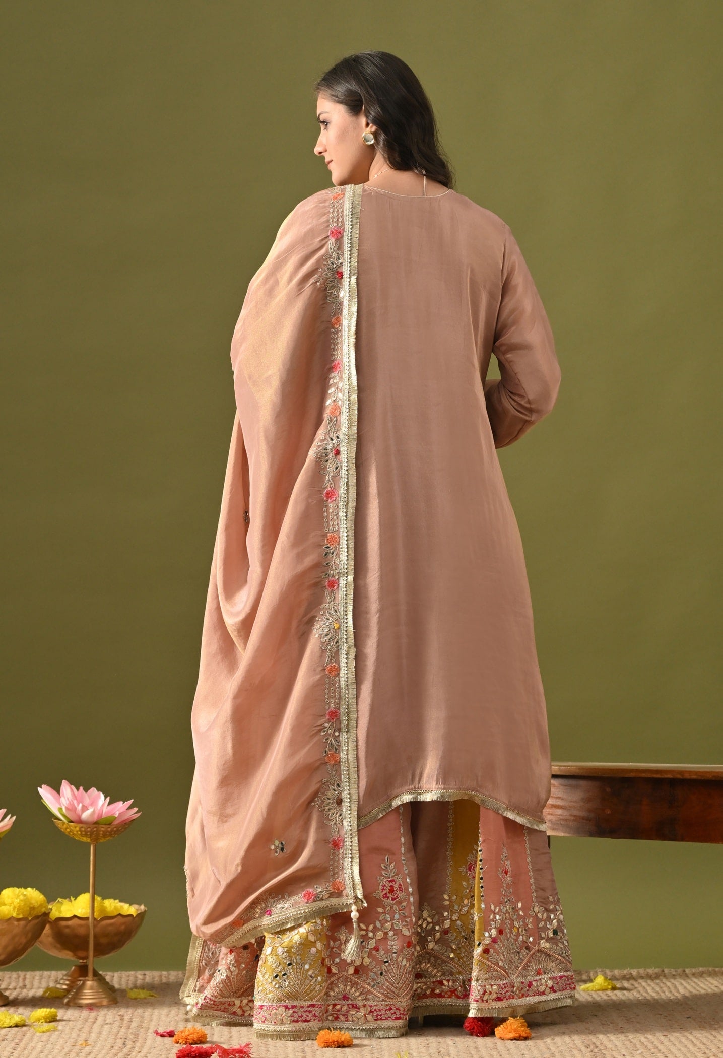 Peach Sharara Set with Gotta, Zardozi, Applique & Thread Work.