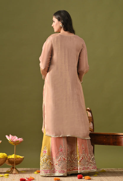 Peach Sharara Set with Gotta, Zardozi, Applique & Thread Work.