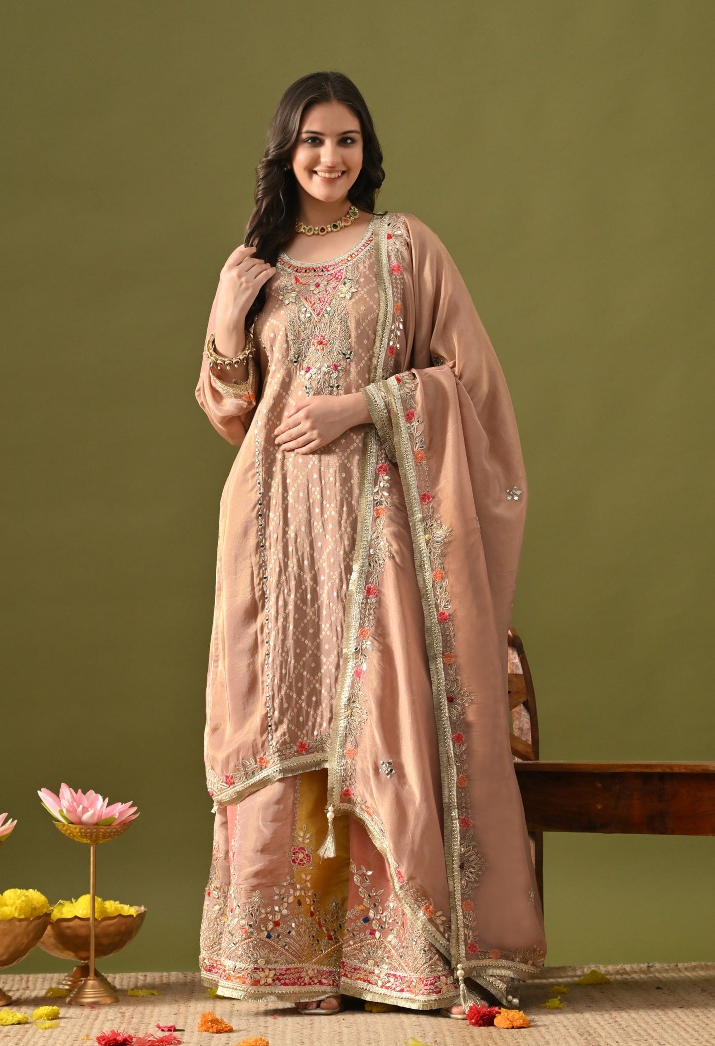 Peach Sharara Set with Gotta, Zardozi, Applique & Thread Work.