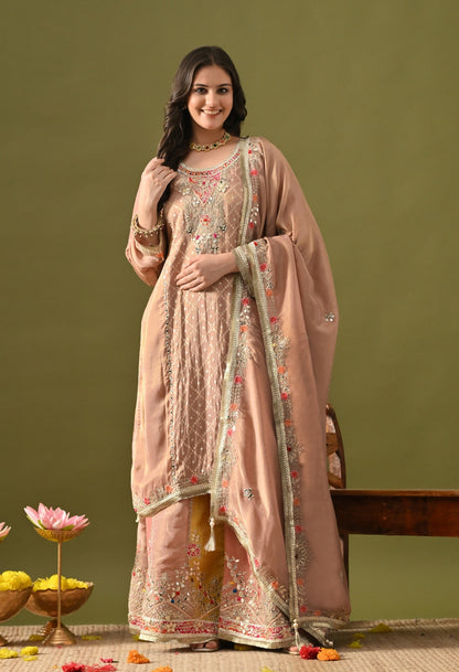 Peach Sharara Set with Gotta, Zardozi, Applique & Thread Work.
