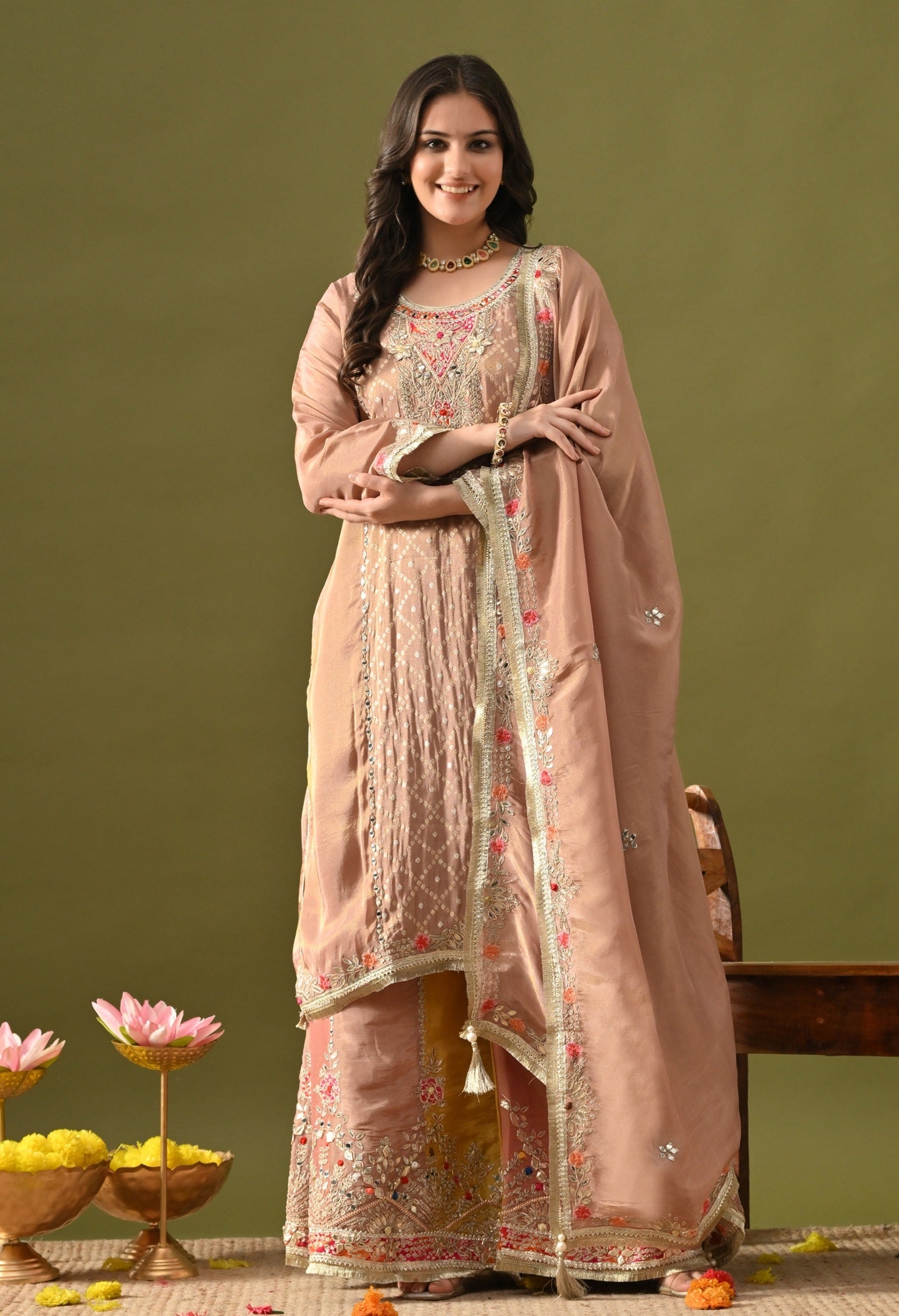 Peach Sharara Set with Gotta, Zardozi, Applique & Thread Work.