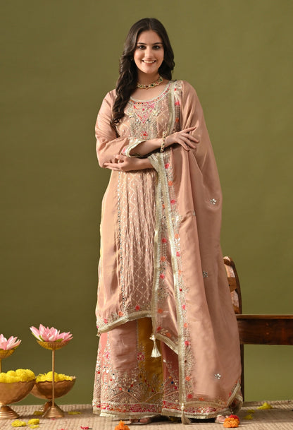 Peach Sharara Set with Gotta, Zardozi, Applique & Thread Work.