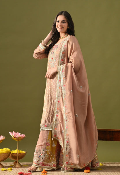 Peach Sharara Set with Gotta, Zardozi, Applique & Thread Work.