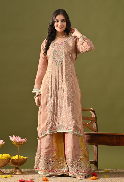 Peach Sharara Set with Gotta, Zardozi, Applique & Thread Work.