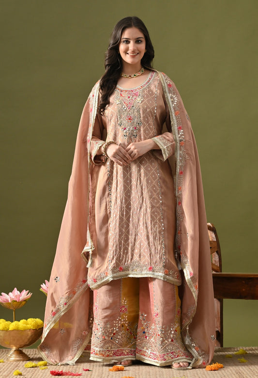 Peach Sharara Set with Gotta, Zardozi, Applique & Thread Work.