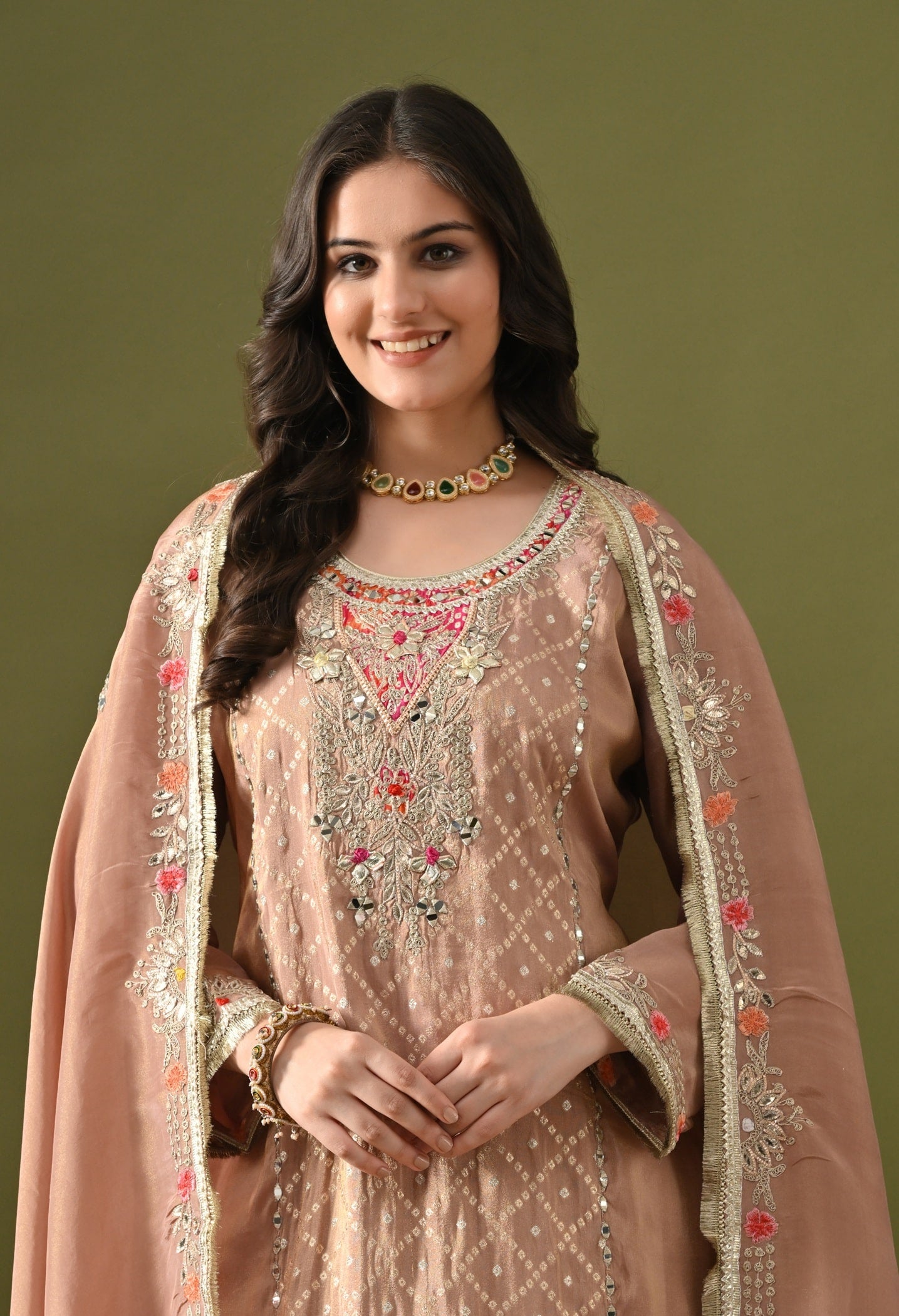 Peach Sharara Set with Gotta, Zardozi, Applique & Thread Work.