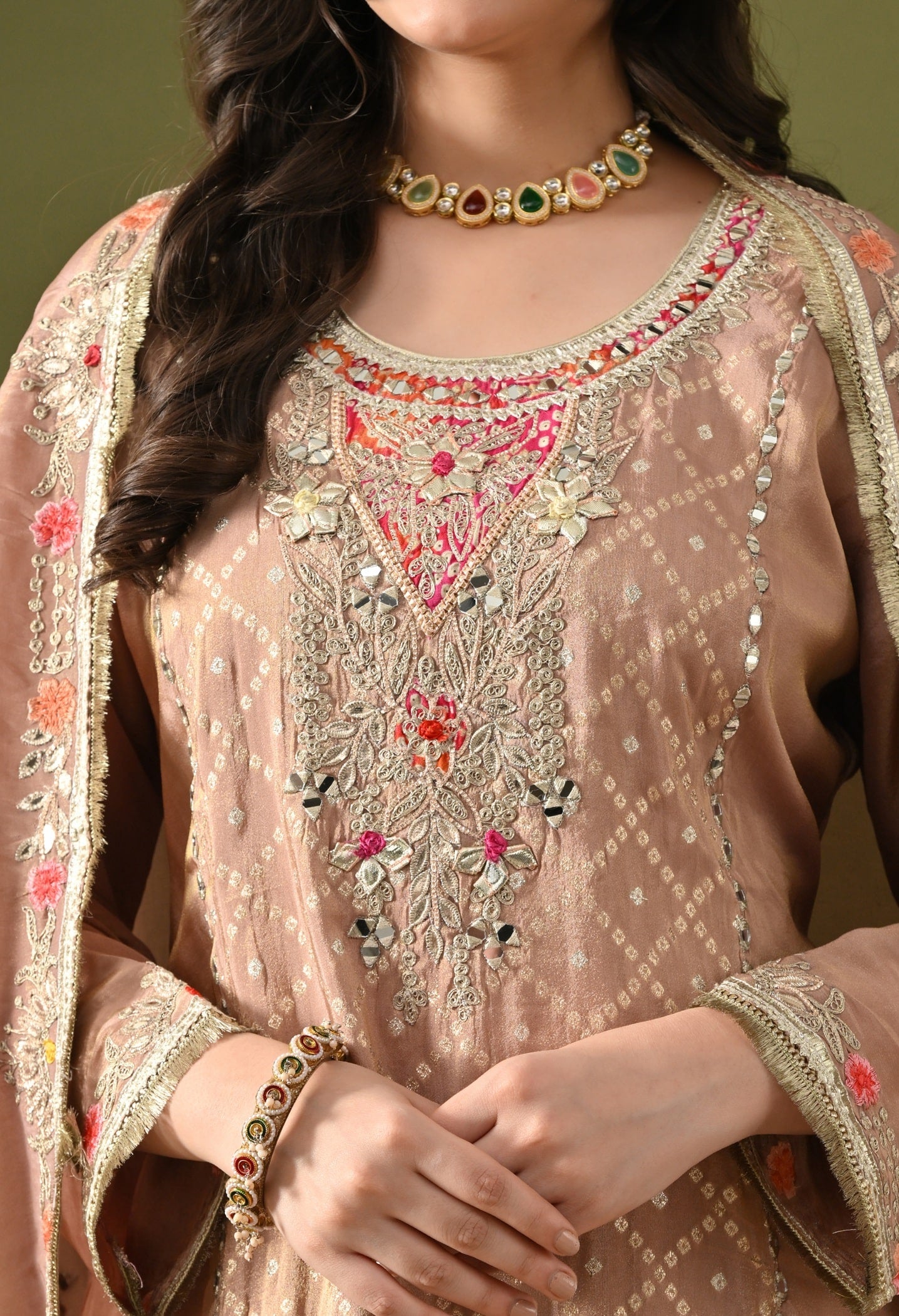 Peach Sharara Set with Gotta, Zardozi, Applique & Thread Work.