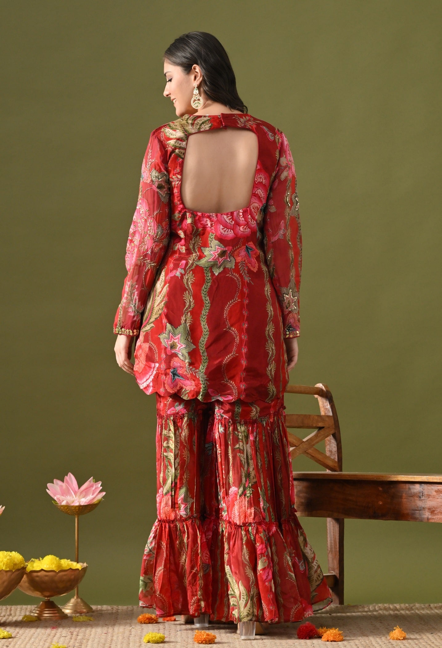 Reddish Maroon Sharara Set with Sequin, Mirror & Cutdana Work.