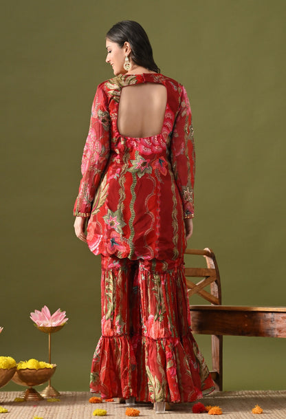 Reddish Maroon Sharara Set with Sequin, Mirror & Cutdana Work.