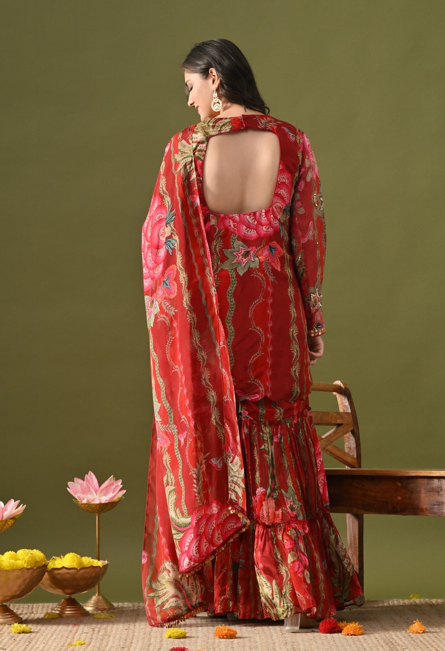 Reddish Maroon Sharara Set with Sequin, Mirror & Cutdana Work.