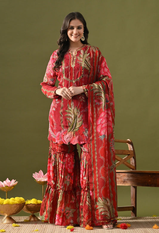 Reddish Maroon Sharara Set with Sequin, Mirror & Cutdana Work.