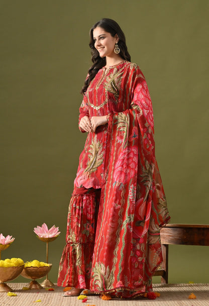 Reddish Maroon Sharara Set with Sequin, Mirror & Cutdana Work.