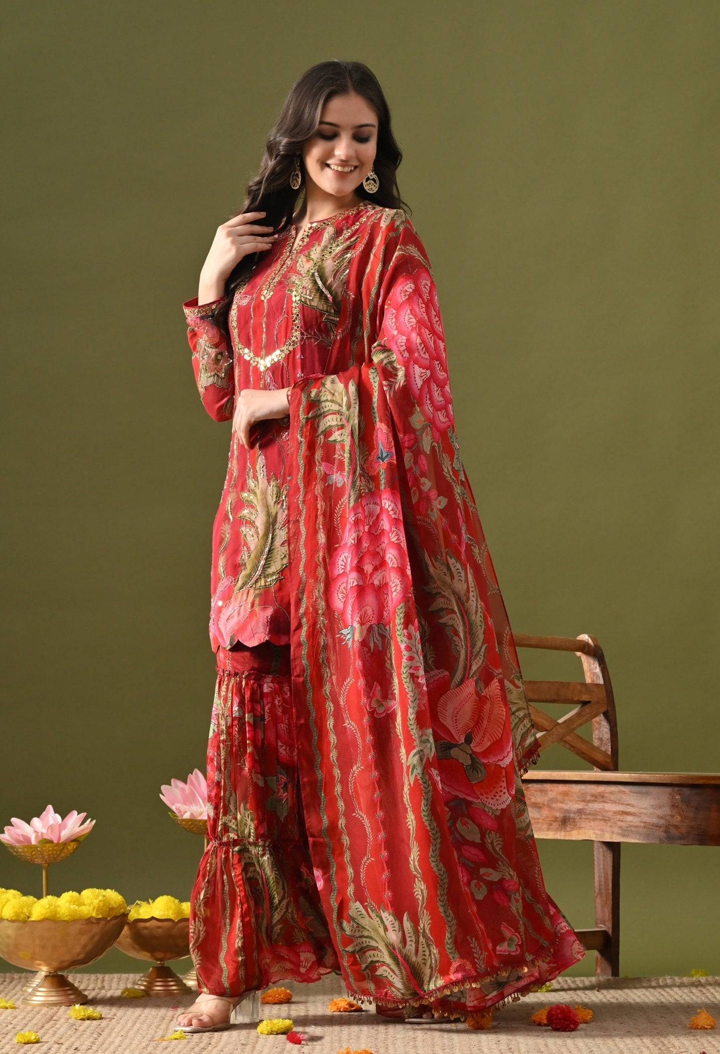 Reddish Maroon Sharara Set with Sequin, Mirror & Cutdana Work.