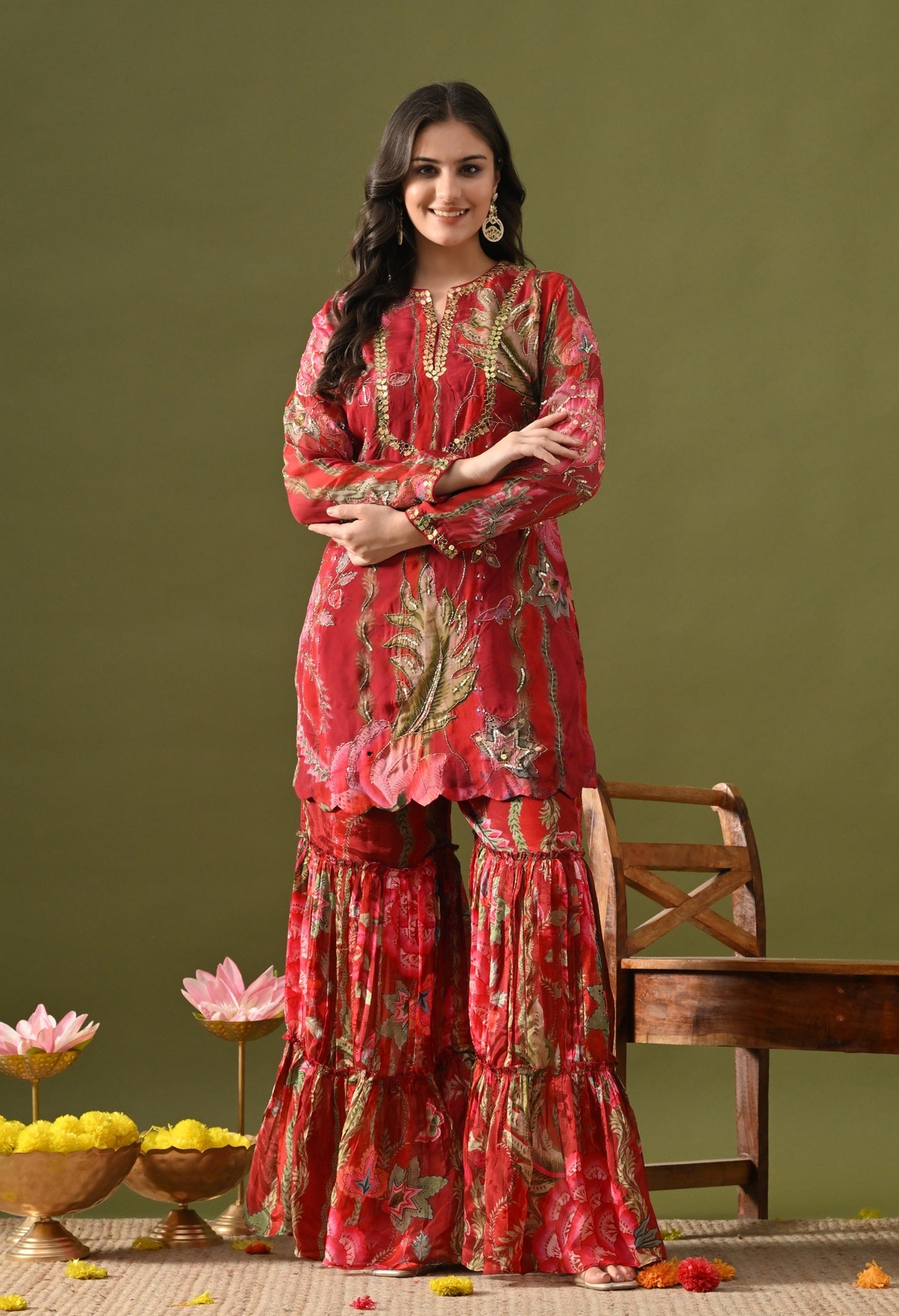 Reddish Maroon Sharara Set with Sequin, Mirror & Cutdana Work.