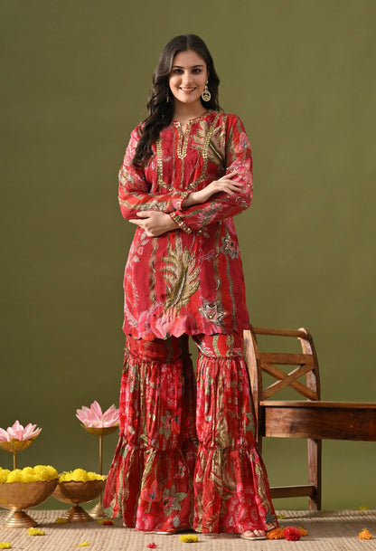 Reddish Maroon Sharara Set with Sequin, Mirror & Cutdana Work.