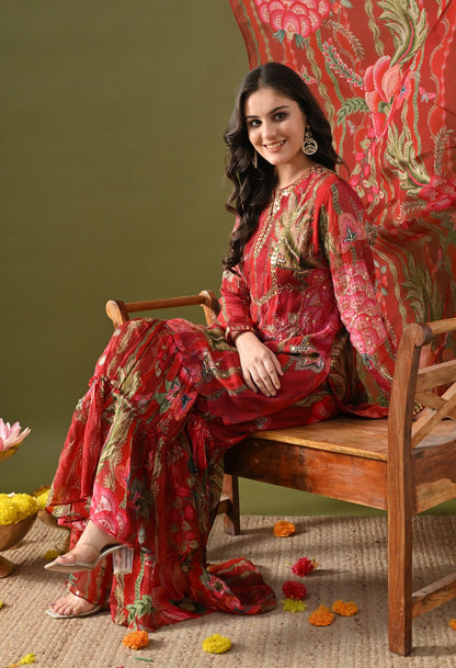 Reddish Maroon Sharara Set with Sequin, Mirror & Cutdana Work.