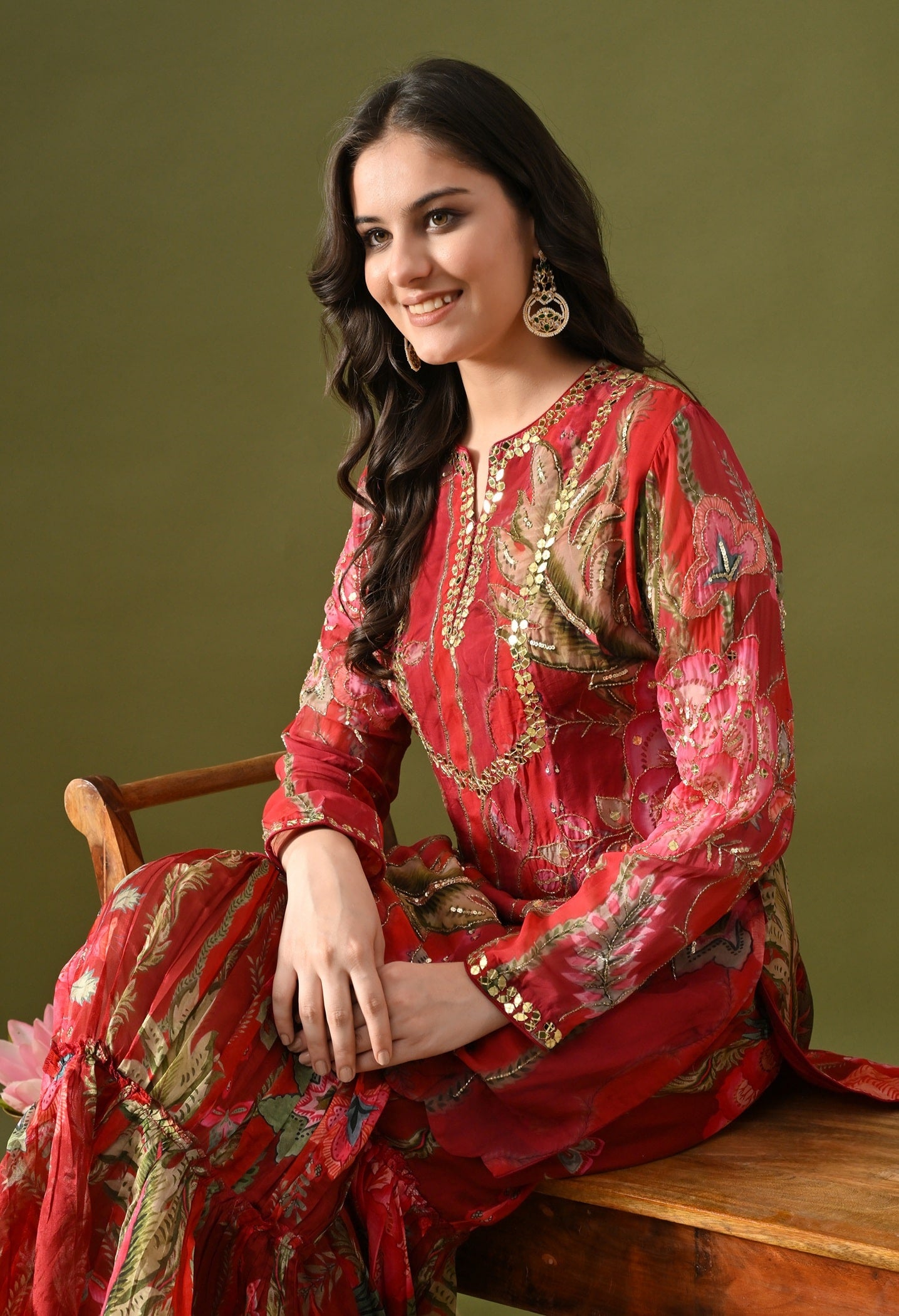 Reddish Maroon Sharara Set with Sequin, Mirror & Cutdana Work.