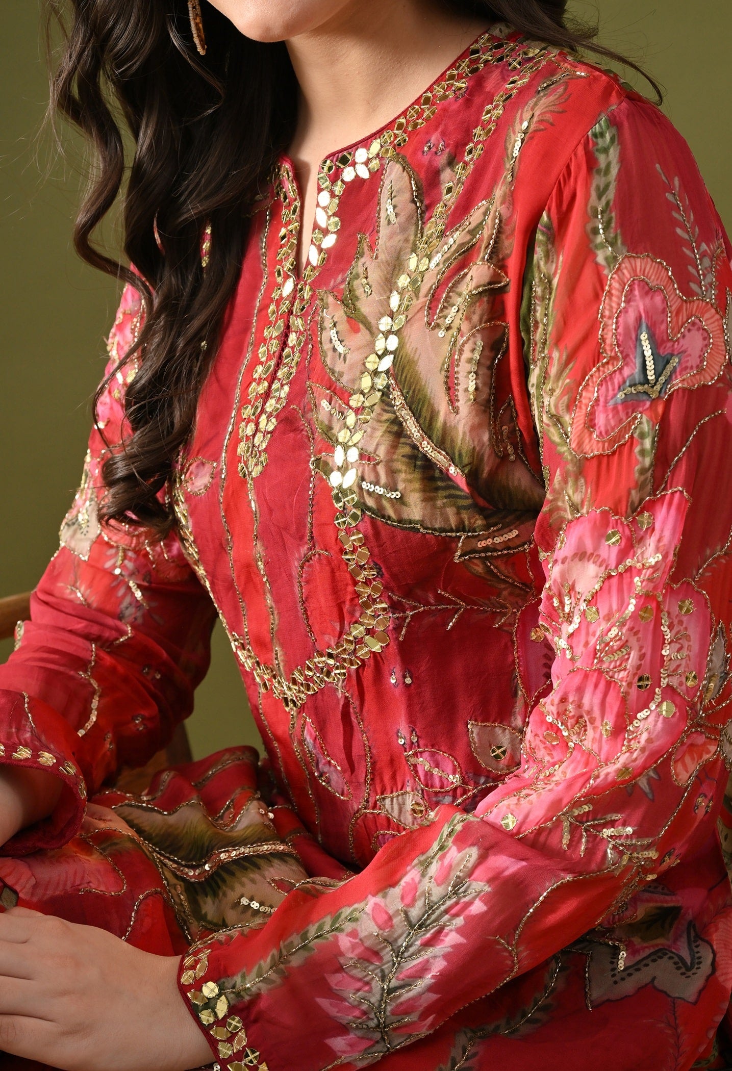 Reddish Maroon Sharara Set with Sequin, Mirror & Cutdana Work.