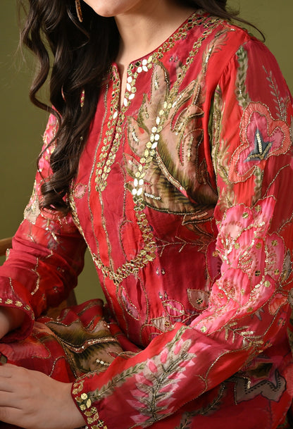 Reddish Maroon Sharara Set with Sequin, Mirror & Cutdana Work.