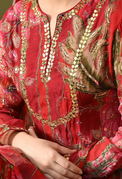 Reddish Maroon Sharara Set with Sequin, Mirror & Cutdana Work.