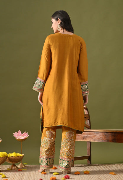 Yellow Silk Kurta Set with Zardozi, Gotta, Sequin & Thread Work.