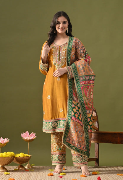 Yellow Silk Kurta Set with Zardozi, Gotta, Sequin & Thread Work.
