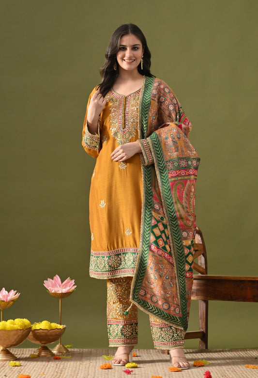 Yellow Silk Kurta Set with Zardozi, Gotta, Sequin & Thread Work.