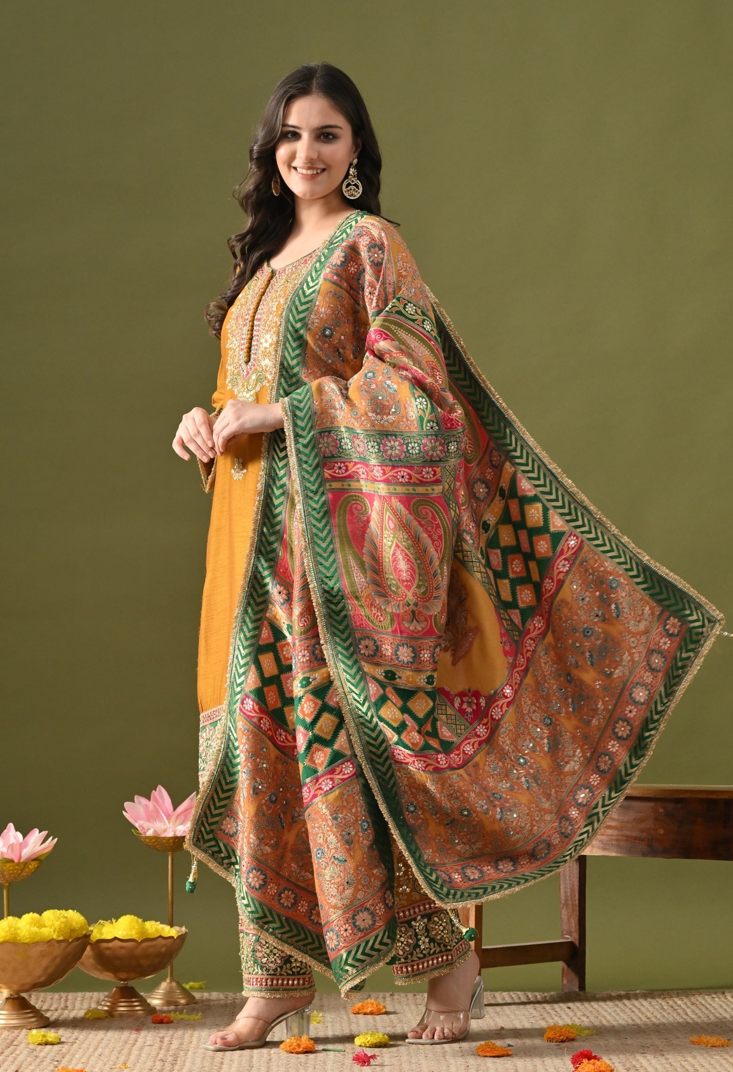 Yellow Silk Kurta Set with Zardozi, Gotta, Sequin & Thread Work.