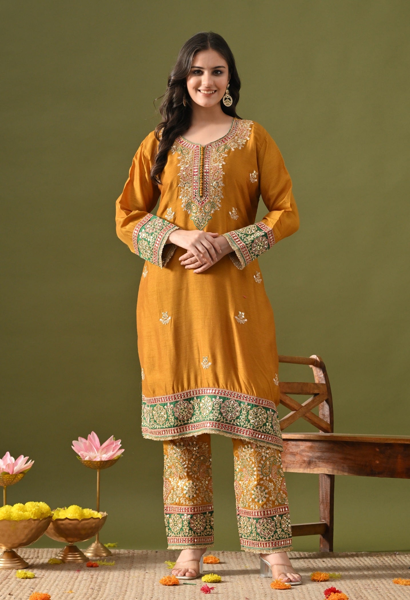 Yellow Silk Kurta Set with Zardozi, Gotta, Sequin & Thread Work.