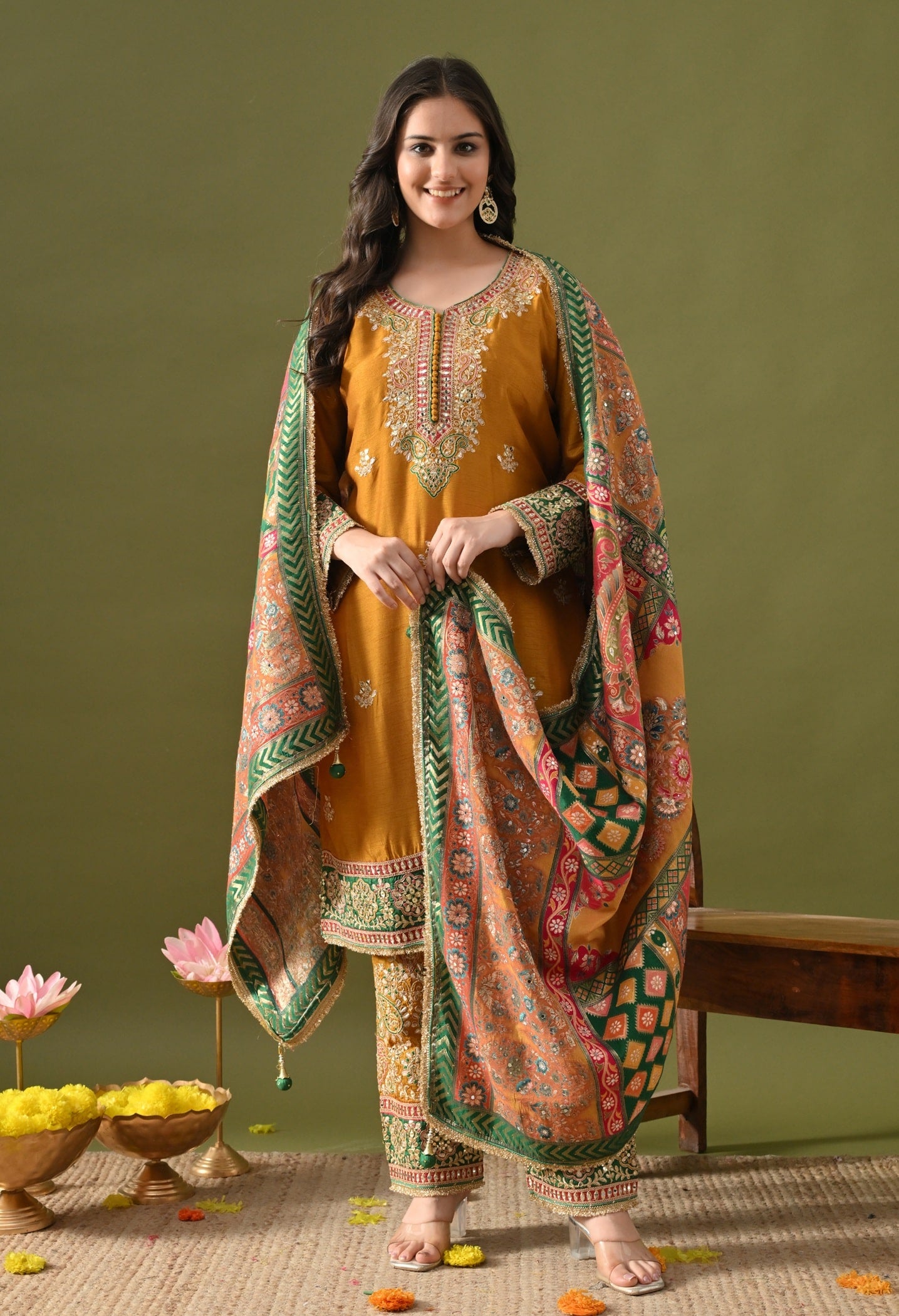 Yellow Silk Kurta Set with Zardozi, Gotta, Sequin & Thread Work.