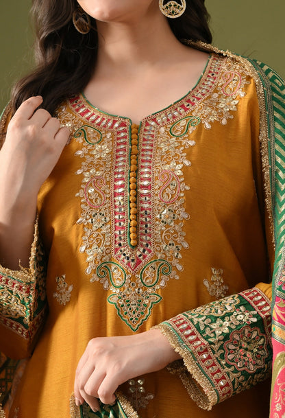 Yellow Silk Kurta Set with Zardozi, Gotta, Sequin & Thread Work.