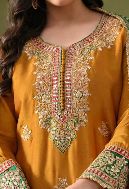 Yellow Silk Kurta Set with Zardozi, Gotta, Sequin & Thread Work.