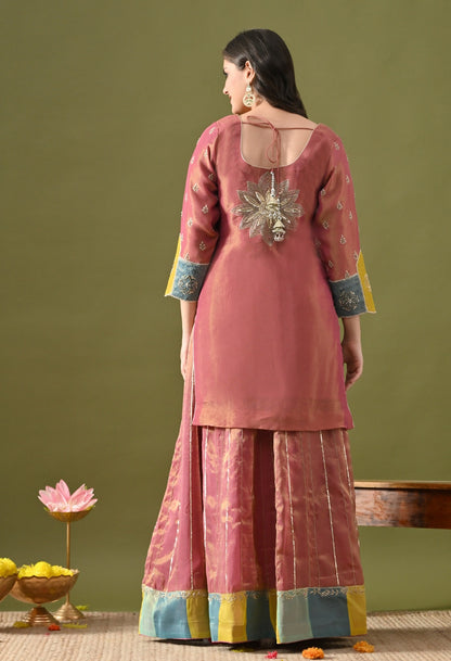 Brownish Purple Tissue Organza Lehenga Set with Zardozi, Sequin & Pearl Work.