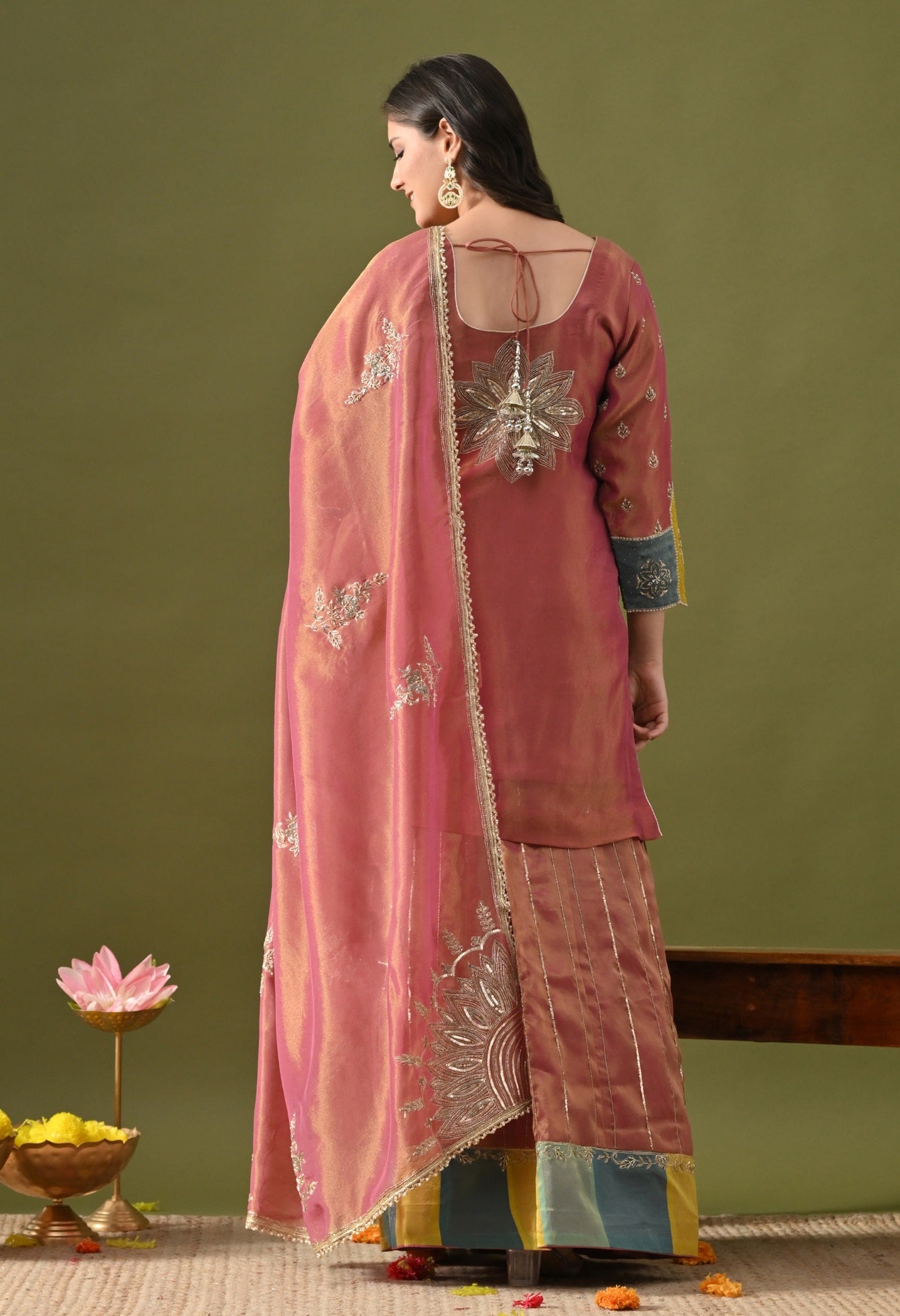 Brownish Purple Tissue Organza Lehenga Set with Zardozi, Sequin & Pearl Work.