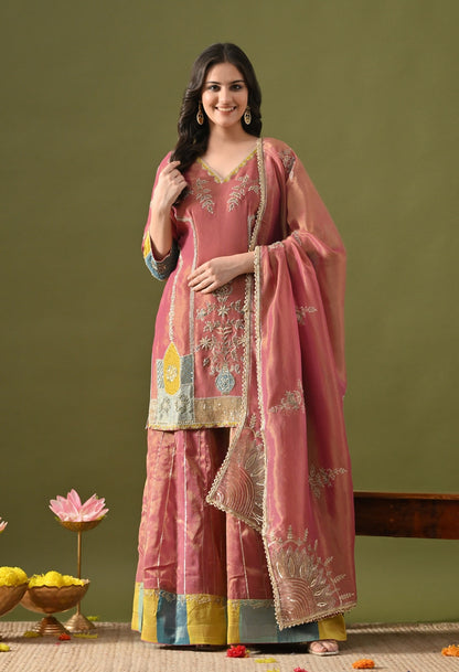 Brownish Purple Tissue Organza Lehenga Set with Zardozi, Sequin & Pearl Work.